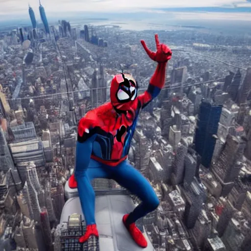 Image similar to marvel spider - man arms out from back standing on top of the empire state building