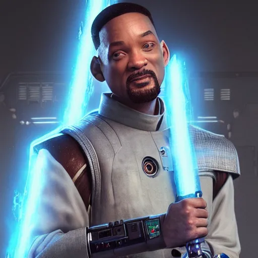 Image similar to will smith as a jedi, starwars, hyper detailed, digital art, trending in artstation, cinematic lighting, studio quality, smooth render, unreal engine 5 rendered, octane rendered