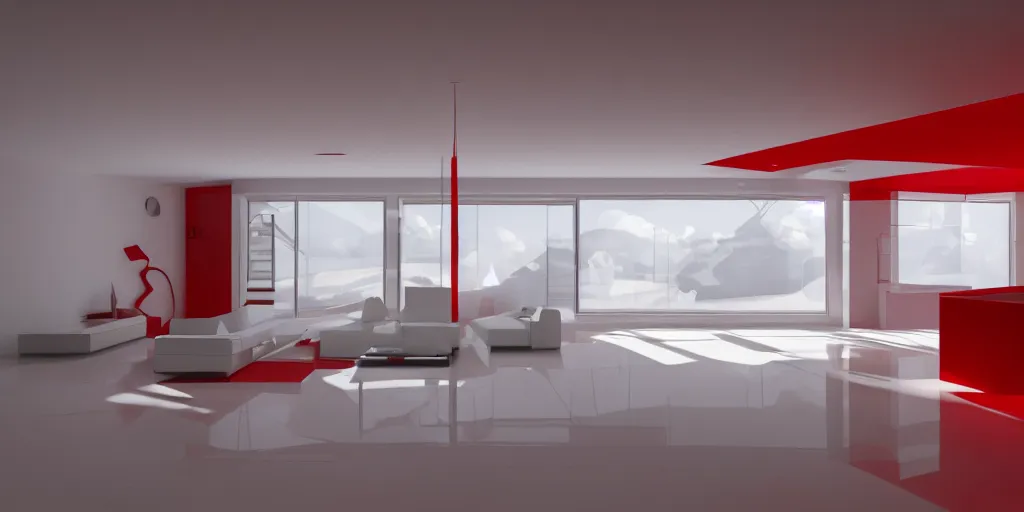 Image similar to interior photo of a ceramic tile futuristic house, octane render, minimalism, white and red colour palette, dramatic lighting