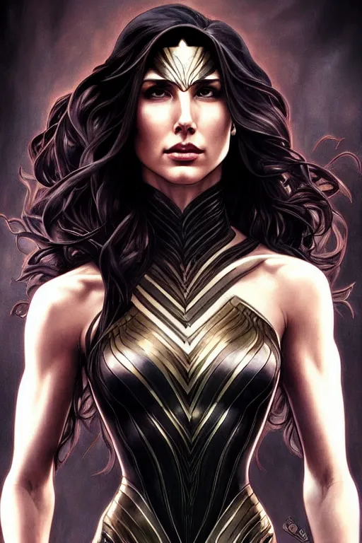 Prompt: very very beautiful longshot photo of chthonic Gal Gadot with demonic eyes and black veins, intricate, elegant, highly detailed, artstation, concept art, smooth, sharp focus, illustration, art by artgerm and moebius and alphonse mucha