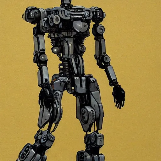 Prompt: humanoid skinny mech by mamoru nagano