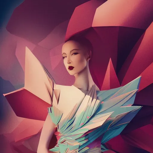 Image similar to 3 / 4 view of a beautiful girl wearing an origami dress, ground - level medium shot, elegant, by eiko ishioka, givenchy, philippe druillet, by peter mohrbacher, centered, fresh colors, origami, fashion, detailed illustration, vogue, high depth of field, japanese, reallusion character creator