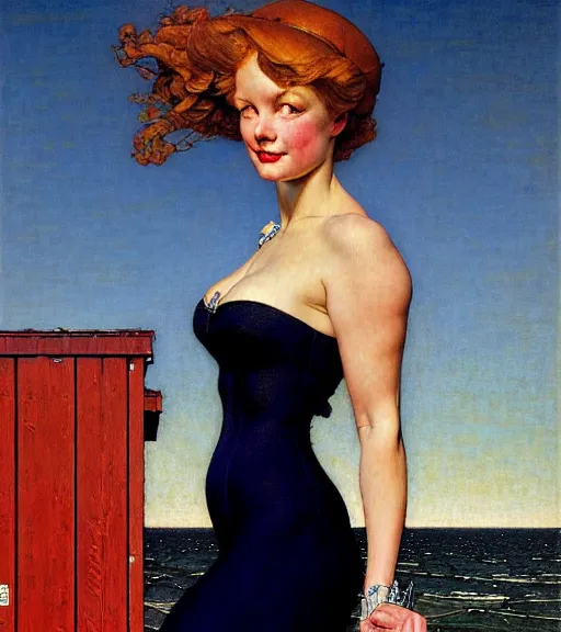 Prompt: a fancy beautiful young lady standing on a wharf at the edge of the sea by brom and gil elvgren and jean delville and william blake and norman rockwell and michael whelan, crisp details, hyperrealism, high detail, high contrast, low light, stylish navy blue heels