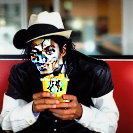 Image similar to Michael Jackson eating at a McDonalds, long shot, award winning, high detail, high resolution