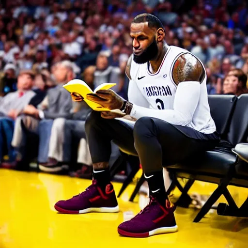 Image similar to professional close up shot photograph of lebron james reading a book while in an nba game, wearing nba jersey, standing, award - winning photograph, highly detailed, dramatic posing, 8 k quality, high quality