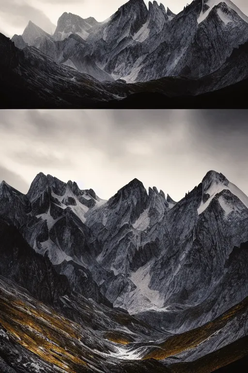 Image similar to a landscape image by benjamen in the french alps, cinematic matte painting, extreme detail photo quality, dark moody colors, featured on behance