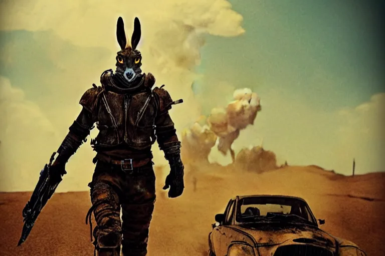 Image similar to a good ol'jackrabbit fursona ( from the furry fandom ), heavily armed and armored facing down armageddon in a dark and gritty version from the makers of mad max : fury road. witness me.