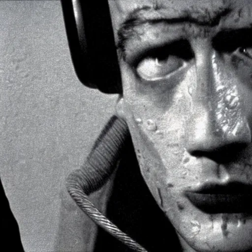 Image similar to a man and a robot in a moment of jealousy, movie still, Movie by Andrzej Zulawski and David Lynch