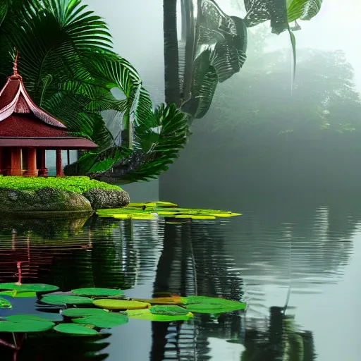 Prompt: a little kerala temple built on a beautiful pond, water lily, tropical forest, Floating particles, mist, b magical mood, early morning 8k, octane rendering