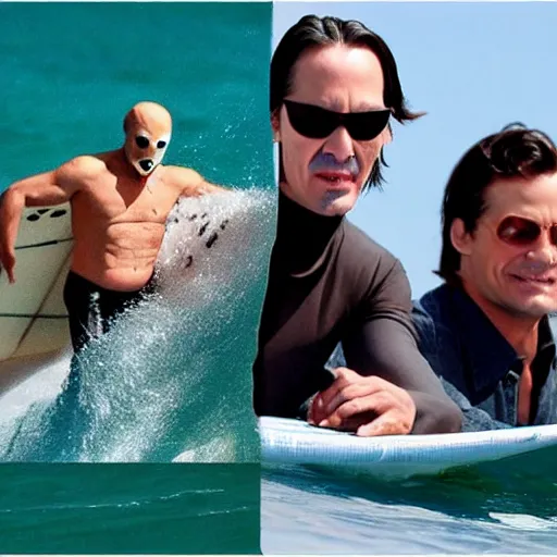 Image similar to surfing keanu reeves as mr. bean as the joker from batman, surfing still from batman vs bean at the beach, 2 0 2 0