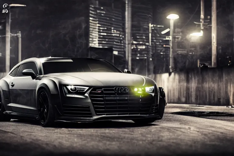 Image similar to widebody all black audi camaro b 8 ( 2 0 1 3 ), need for speed : carbon, at night, sci - fi, neon lines, phonk music background, smoke behind wheels, noise, dark, establishing shot, by simon stalenhag