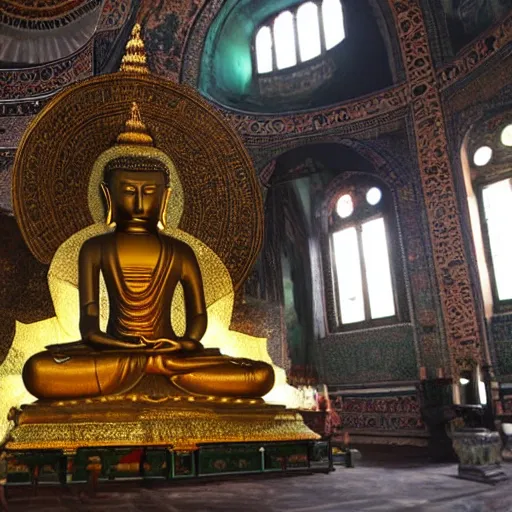 Image similar to dark green buddha being prayed in hagia sophia, dystopian universe