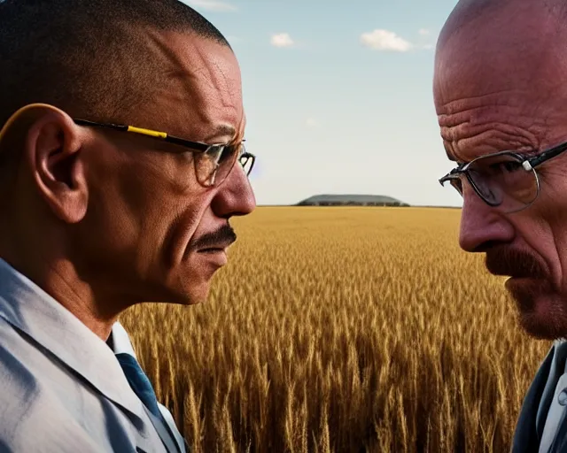 Prompt: walter white and gustavo fring stand facing each other from a distance in a wheat field, long shot, side view, 3 5 mm photograph, 8 k resolution, wide shot, sharp lens