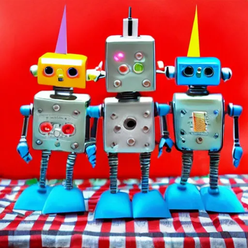 Image similar to three robots having a cool party birthday party, highly detailed