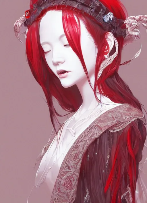 Image similar to albino maiko with very long fantasy hair, dluent composition, red and white neon, concept art, intricate details, highly professionally detailed, cgsociety, highly detailed -