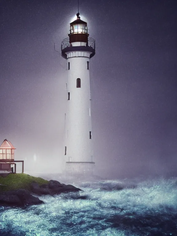 Image similar to photo of 8k ultra realistic lighthouse on island, heavy rain, night, light shining, heavy seas, full of colour, cinematic lighting, battered, trending on artstation, 4k, hyperrealistic, focused, extreme details,unreal engine 5, cinematic, masterpiece, art by studio ghibli