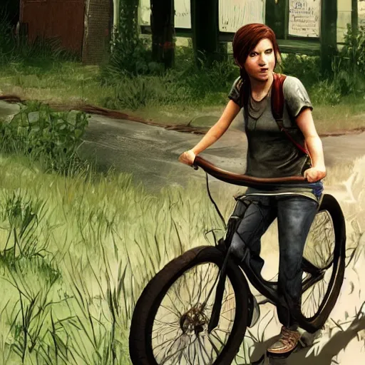 Prompt: ellie from the last of us riding a bycycle