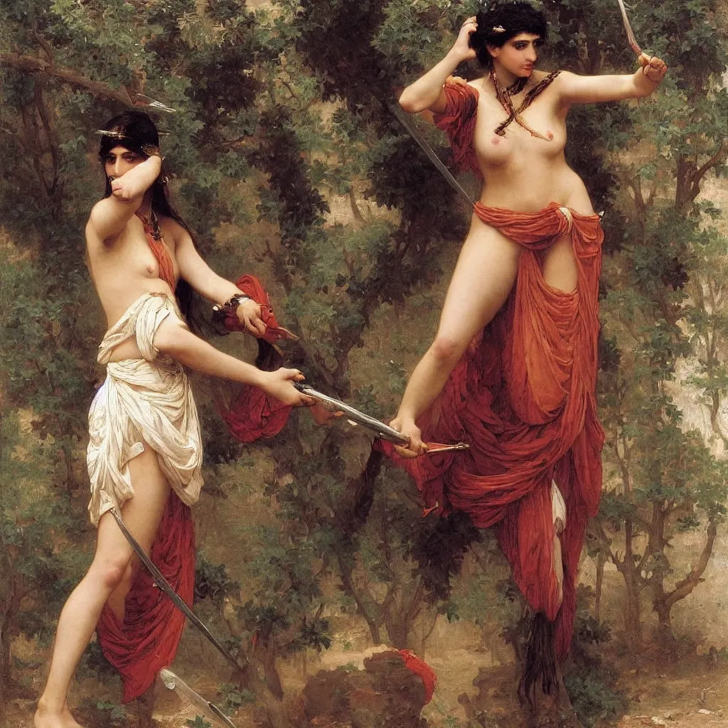 Prompt: a beautiful female arabian warrior, art by auguste toulmouche and bouguereau