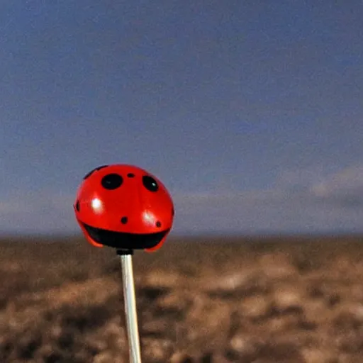 Prompt: promotional still wide angle, ladybug tripod roams a barren wasteland, dramatic lighting, ( e. t. the extra - terrestrial ), batteries not included, harry potter, imax, 7 0 mm.