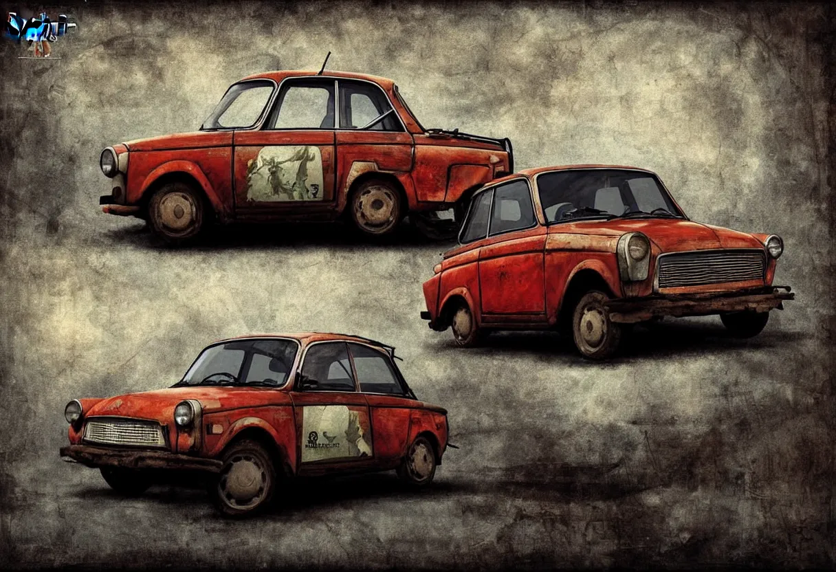Image similar to old trabant as soviet times, aesthetic art, 8 k, high details, digital painting, concept art, matte painting, art by arstation and mimmo rottela, pixels art by paul robertson