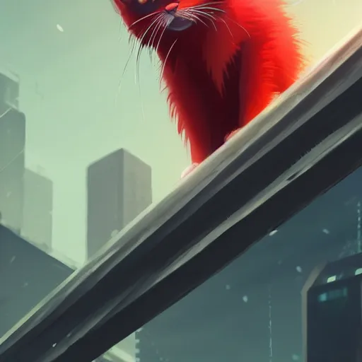 Prompt: a red cat sitting on steel beam high above the ground, cyberpunk, bladerunner, futuristic, studio ghibli, anime, smooth, trending on artstation