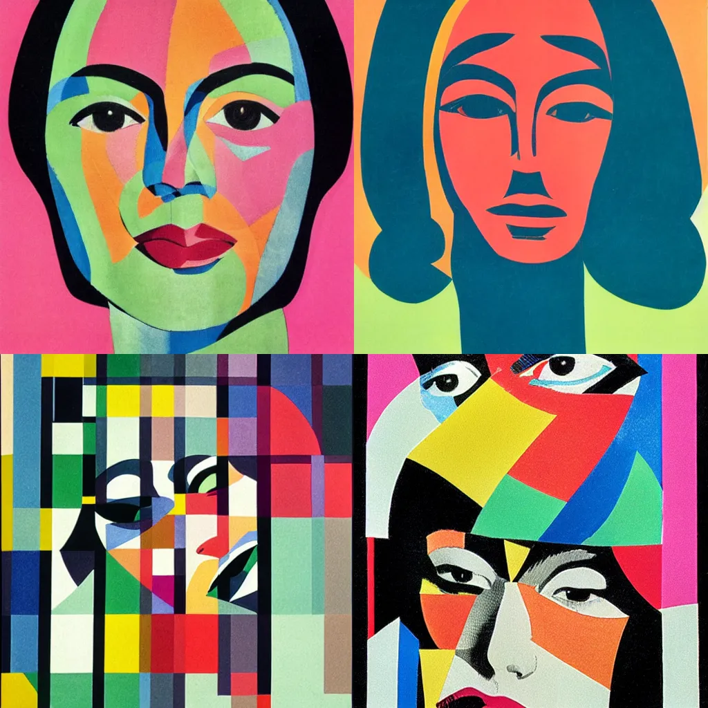 Prompt: An extreme close-up of a beautiful lady’s face by Sonia Delaunay, paper cutouts of plain colors, risograph print