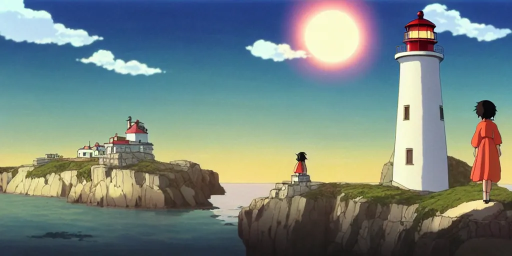 Prompt: the girl and the lighthouse. matte painting, anime, studio ghibli.