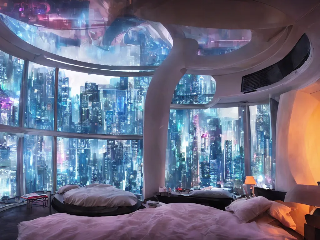 Image similar to a futuristic bedroom with large curved ceiling high windows looking out to a far future cyberpunk cityscape, cyberpunk neon lights, raining, scifi