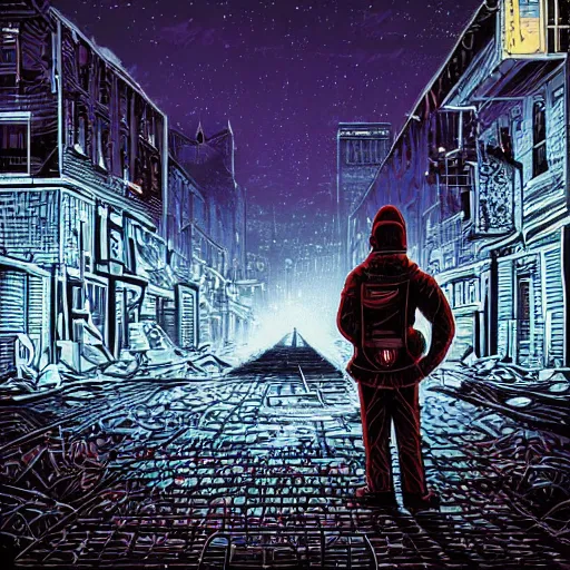 Image similar to a lone soldier stands on illuminated grid in a ruined city street by dan mumford