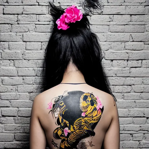 Image similar to photography of the back of a woman with a black detailed irezumi tatto representing a gold tiger with pink flowers on her entire back, dark hangar background, mid-shot, editorial photography