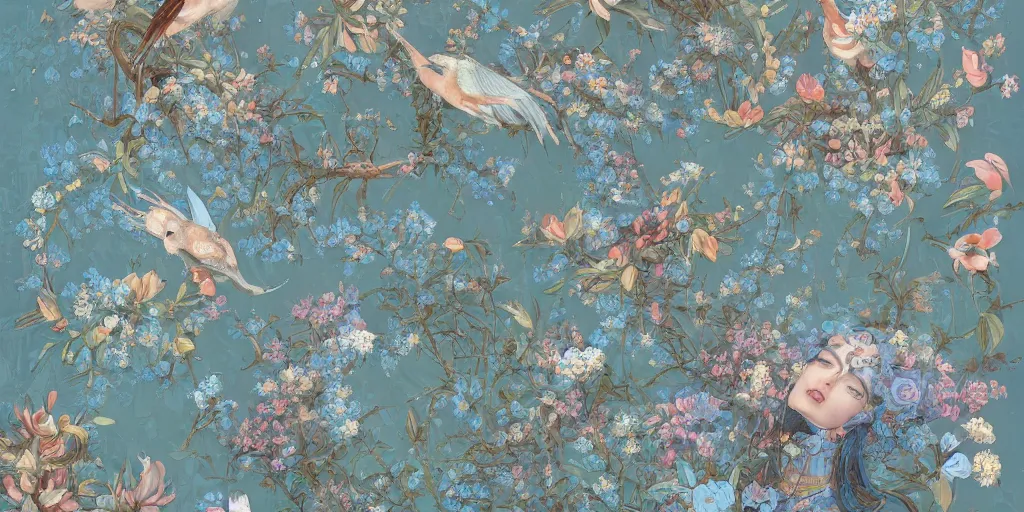 Image similar to breathtaking detailed concept art painting vintage illustration pattern of goddesses of light blue flowers with anxious piercing eyes and blend of flowers and fruits and birds, by hsiao - ron cheng and beto val and john james audubon, bizarre compositions, exquisite detail, extremely moody lighting, 8 k