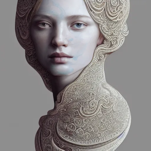 Prompt: opalescent marble portrait, up close, shallow depth of field, warm, masterpiece, ivory carving, fractal paisley inlay, lace, intricate, elegant, highly detailed, artgerm, matte painting, trending on artstation, lace, by ruan jia and greg rutkowski