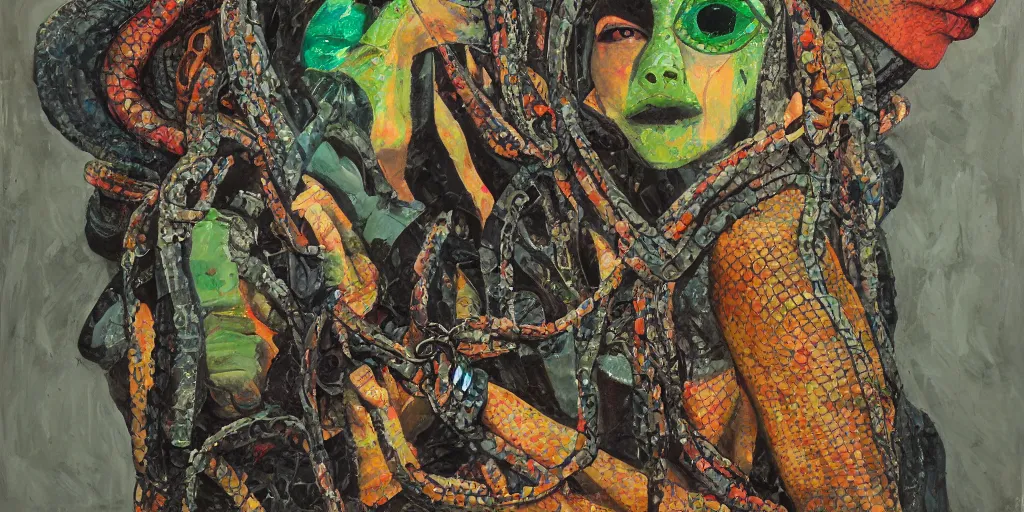 Prompt: reptilian on a chain, girl in balaclava, collage, acrylic on canvas, expressionism movement, breathtaking detailed, by blake neubert