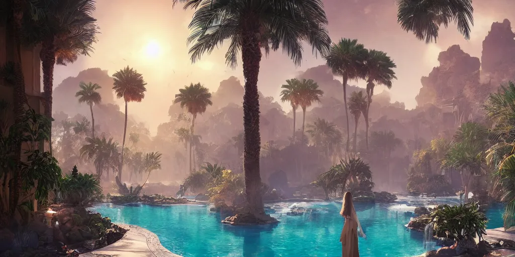 Image similar to beautiful oasis waterfalls surrounded by palm trees moroccan tile archways, date trees, ivory towers sunset peter morbacher ross tran angelarium greg rutkowski alchemy luxury heavenly light soft illumination, trending on artstation cinematic lighting digital painting octane render, artgerm