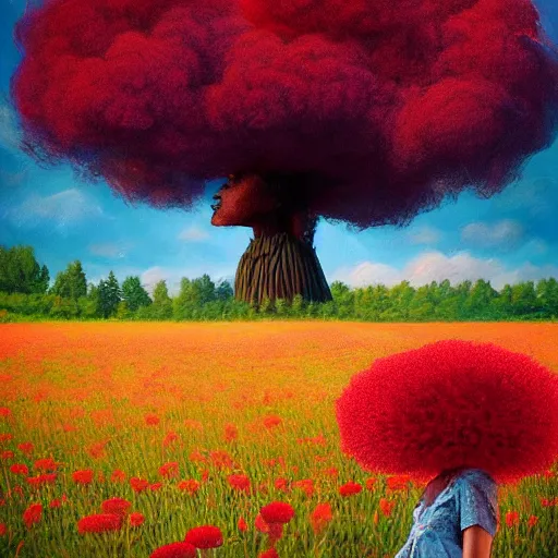 Prompt: girl with afro made of red flower, standing in a field with flowers, surreal photography, hills, big trees, sunrise dramatic light, impressionist painting, colorful clouds, digital painting, pointillism, artstation, simon stalenhag