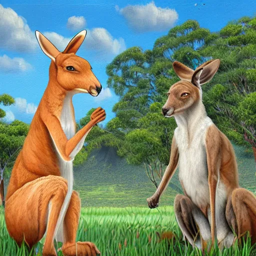 Image similar to a Muscular kangaroo and a Chinese rural dog look at each other, blue sky, garden, highly detailed, digital painting, concept art, sharp focus