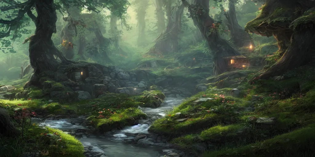 Prompt: woods on the mountain in spring with small stream and small house, warm atmosphere, ilustration, fairy tales, chinese mythology elements, characterized by roman shipunov, etienne hebinger, atey ghailan, cgsociety, fantasy art, 2 d game art