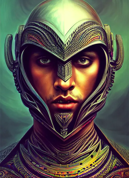 Image similar to hyper detailed ultra sharp earth tribal gothic warrior trance man portrait, trending on artstation, warpaint tattoo aesthetic, earthwave, colorful, psychedelic, ornate, intricate, digital painting, concept art, smooth, sharp focus, illustration, art by artgerm, edmund leighton, greg rutkowski, h. r. giger, 8 k