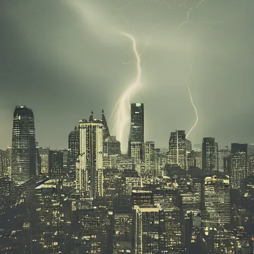 Prompt: “Big city in a nuclear thunderstorm, vibrant, distopian, skyscrapers”