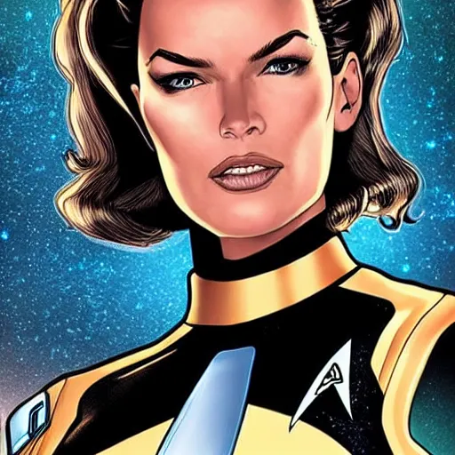 Prompt: rebecca romijn as number one, star trek strange new worlds, dark-hair, intricate, elegant, highly detailed, smooth, sharp focus, full body, visible face, detailed face, high contrast, graphic novel, art by Ardian Syaf and Pepe Larraz,
