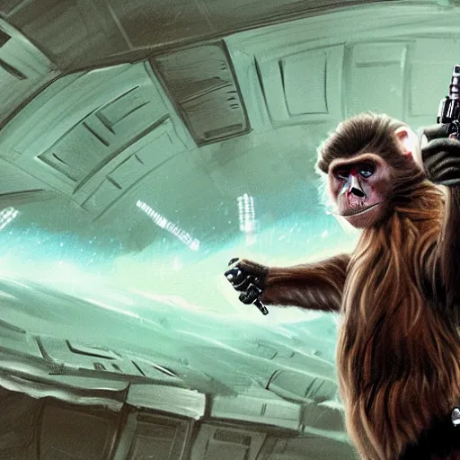 Prompt: monkey dressed like han solo holding his blaster scowling ready for a fight, fantasy concept art trending on art station