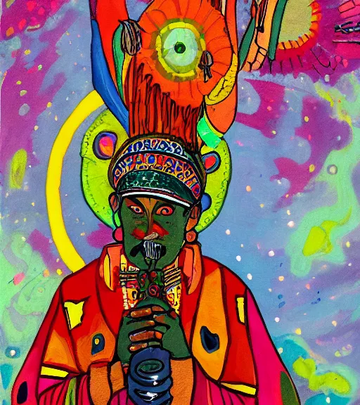 Image similar to Painting of a shaman dressed in a colorful traditional clothes. He is smoking a pipe. From the pipe there is a whole universe escaping and filing the sky