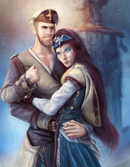 Image similar to couple in love. fully clothed armed female pirate captain, rachel wall, with a male pirate partner, sun, summer, blue eyes, beauty, wisdom, love, strength, knowledge, smart, portrait, symmetrical, highly detailed, digital painting, artstation, smooth, sharp focus, illustration, strength, art by felice house. 8 k