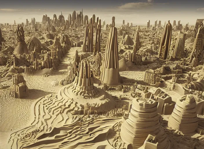 Image similar to cover concept art of the lost sand city, levitating sand, golden towers, golden pillars, palm trees, space and time, floating objects, post-processing, in the style of Hugh Ferriss, Behance, Artgerm. High detail, ultra realistic render, octane, 3D, photorealism, symmetric, cinematic from the academyumbrella