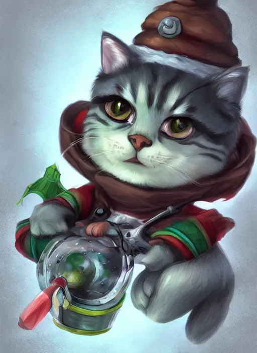 Prompt: grey american shorthair cat as teemo from league of legends, digital painting, artwork by ross tran + ramond swanland