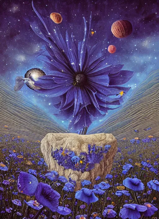 Image similar to detailed, intricate blue black and purple papaverum flower on the field, nebula, galaxy in the sky, winning award masterpiece, fantastically beautiful, illustration, aestheticly inspired, jacek yerka, upscale with anguissola sofonisba work, artstation, 8 k