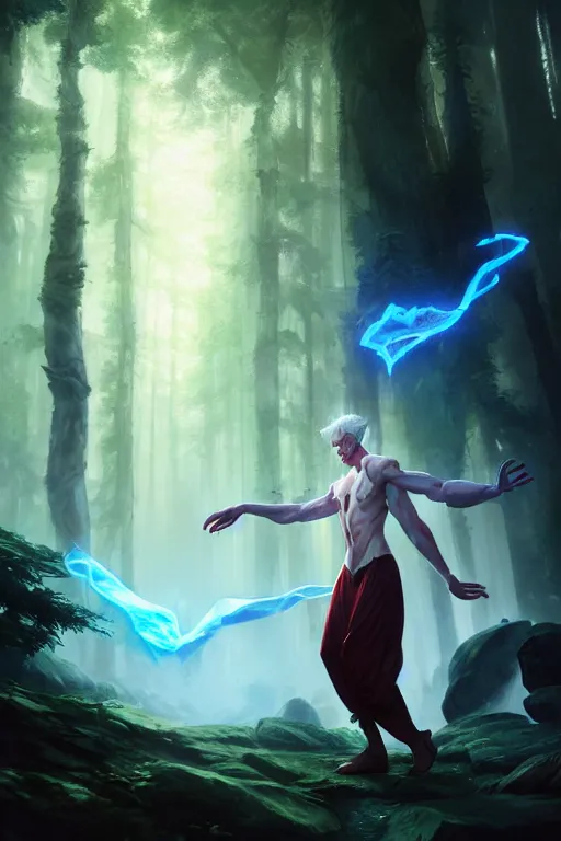 Image similar to a human elemental sorcerer, forest setting, colorful magic, male, white skin, young, sharp focus, concept art, dynamic lighting, unreal engine, character by emylie boivin, background by greg rutkowski