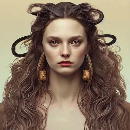 Image similar to “ daria strokous as medusa, frowning, scowl, snakes for hair, intricate, elegant, highly detailed, digital painting, artstation, concept art, smooth, sharp focus, illustration, art by artgerm and greg rutkowski and alphonse mucha ”