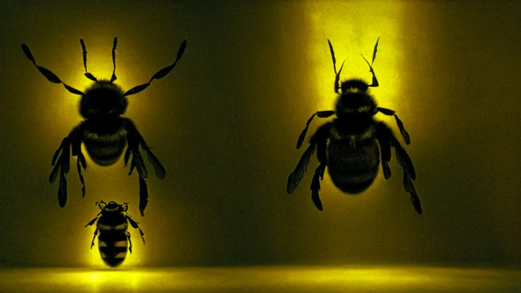 Image similar to the giant bumblebee in the living room, made of glowing wax, film still from the movie directed by denis villeneuve with art direction by zdzisław beksinski, wide lens