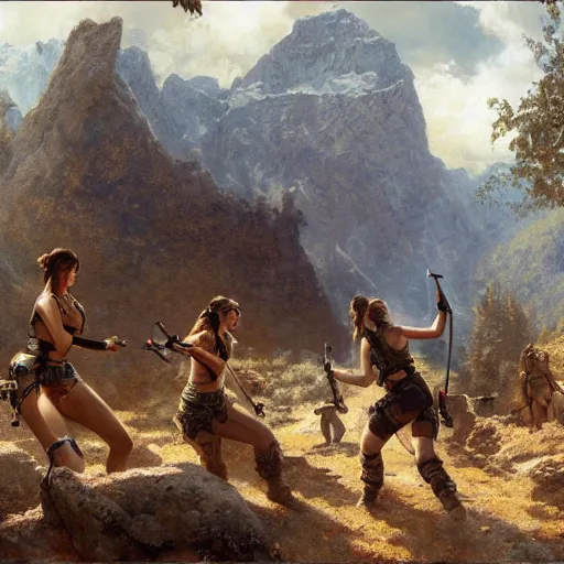 Prompt: lara croft, finds a camp full of humans, highly detailed painting by gaston bussiere, craig mullins, 8 k